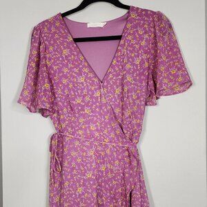 Lush Floral Wrap Midi Dress Chiffon Ruffle size M lavender fully lined EUC